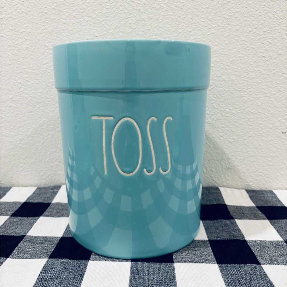 Rae Dunn TOSS Ceramic Trash Can turquoise blue sea foam garbage Tiffany blue